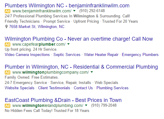 Plumbers Wilmington NC | Plumbers Google AdWords Search Results